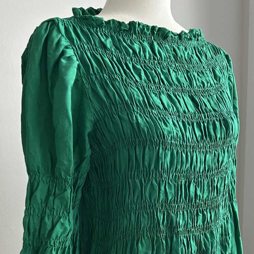 Cream Emerald Green Smocked Long-Sleeve CRHenva Blouse with Ruffled Hem – US S